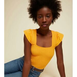 Nation Made in Peru 100% Pima Cotton Alicia Smocked Cap Sleeve Saffron Top‎ L